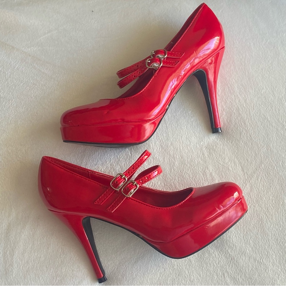 Red Double Strapped Mary Jane Heels Size 5-6